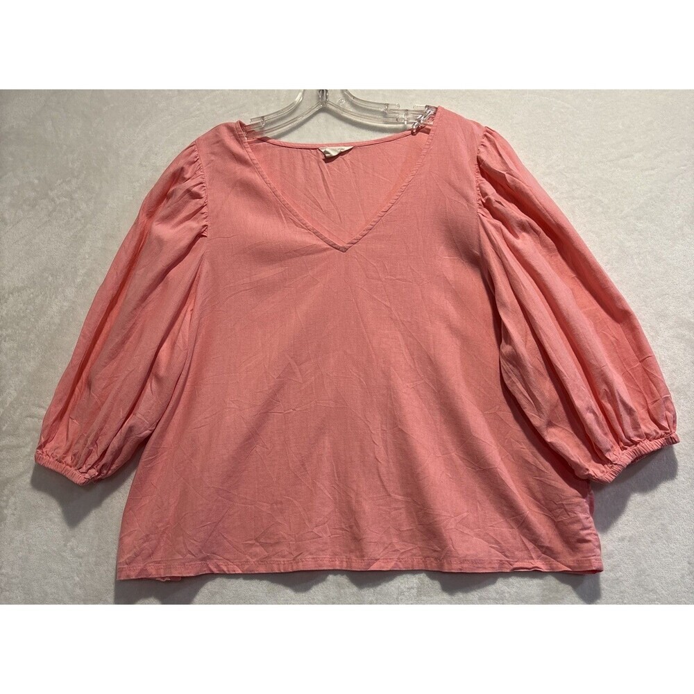 Caslon Women's Size XL Linen Blend Blouse Top Pullover Puff Sleeve V Neck Pink